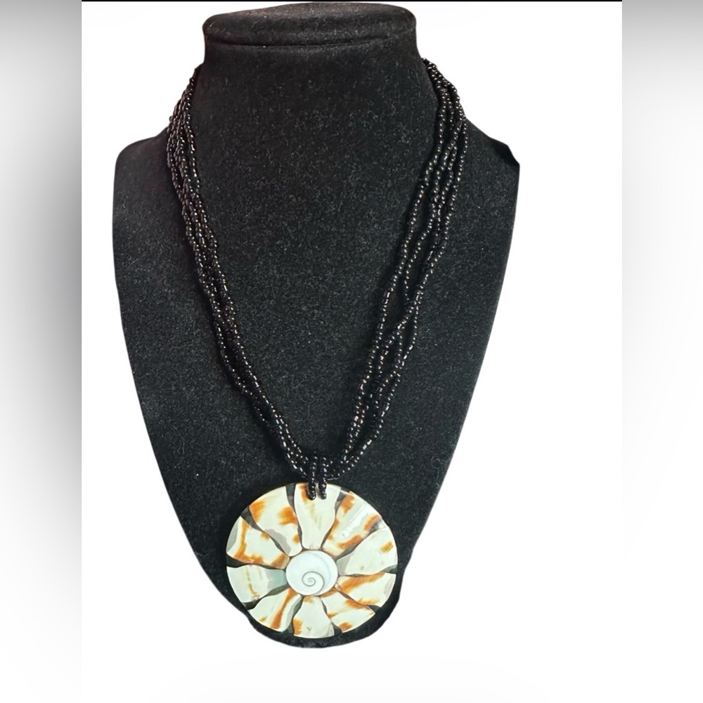 Vintage Black seed bead Necklace with shell pendant